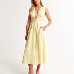 ***Available Aug 20*** Abercrombie & Fitch Yellow Seersucker Ruched Midi Dress